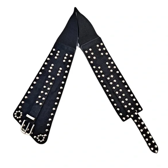 Black vegan faux suede corset gold studs punk wide boho waist belt - Picture 8 of 14